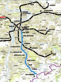 Mapa plánované nové linky metra D.