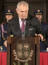Prezident Miloš Zeman během projevu při udílení vyznamenání ve Vladislavském sále na Pražském hradě 28. října 2018.