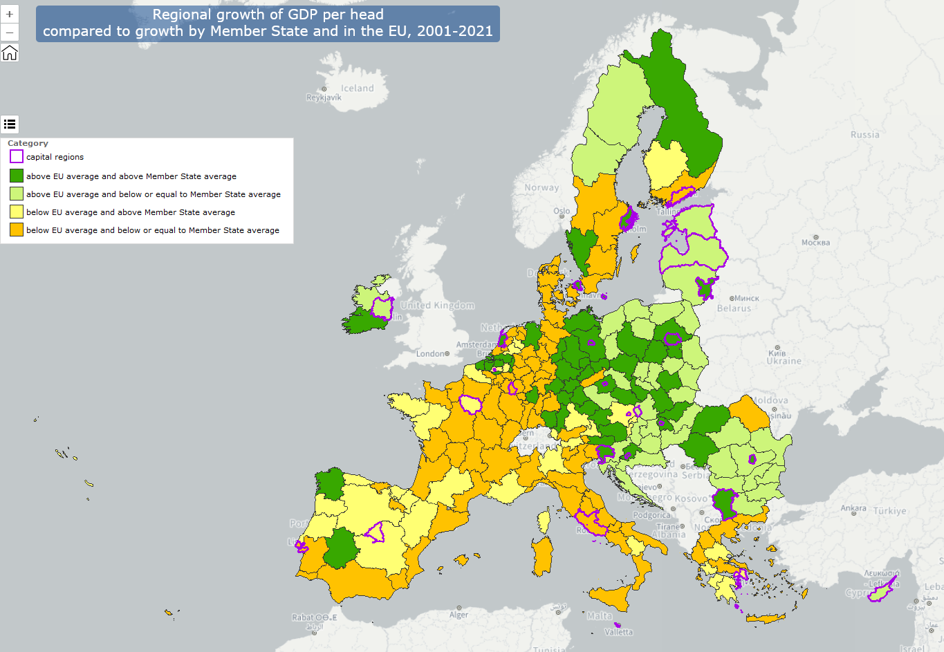 Regionální posun, který zaznamenaly jednotlivé členské státy v posledních dvou dekádách. Žlutá barva značí hodnotu pod unijní průměr, zelená barva zlepšení | Zdroj: Evropská komise